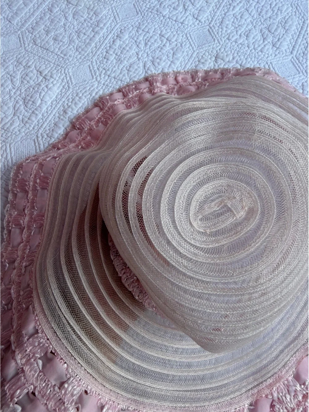 Vintage Pink and White Wide Brim Sun Hat with Ribbon Trim